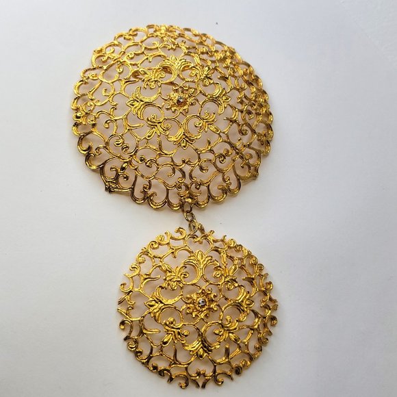 Gold Tone Brooch and Pendant Filigree UNIQUE Statement Pendant Pin - Picture 1 of 15